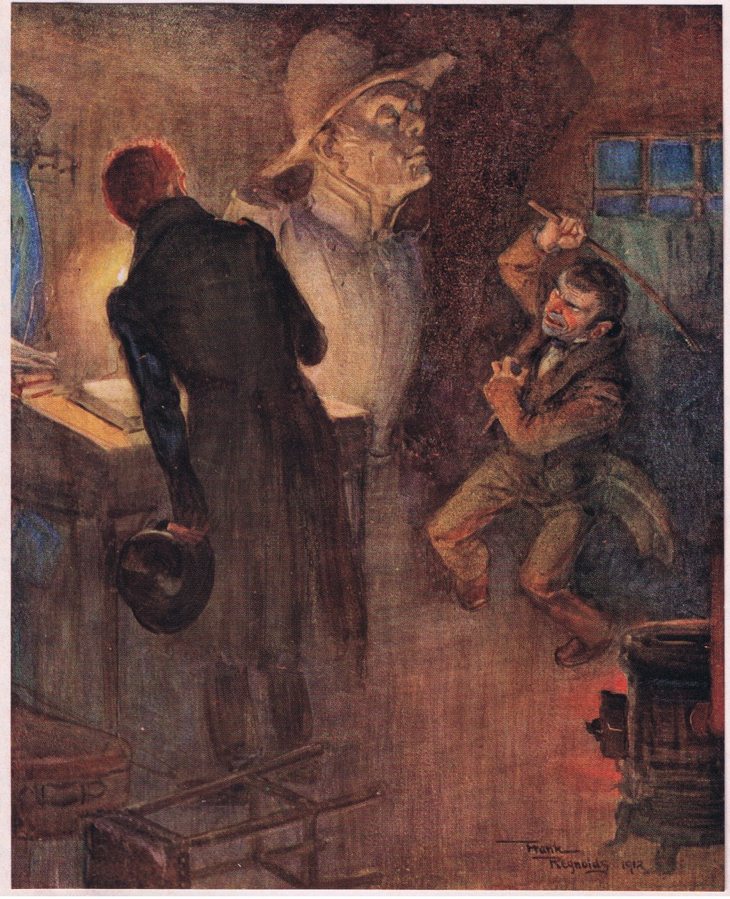 Kääpiö heitti alas sanomalehden, josta hän oli lausunut edellä lainatut sanat, ja tarttui ruostuneeseen rautapalkkiin, 1920 (värilitro). tekijältä Frank Reynolds