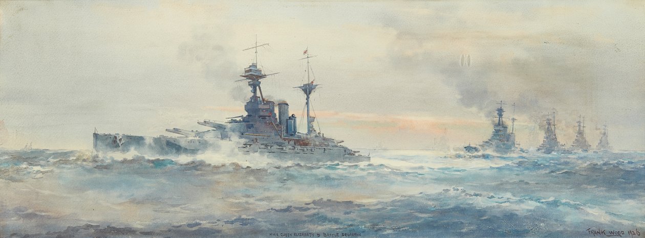 H.M.S. Queen Elizabethin taistelulaivue (akvarelli). tekijältä Frank Watson Wood