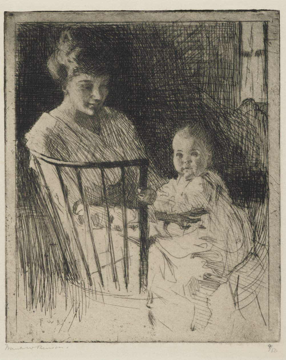 Äiti ja lapsi (etsaus kuivalla kärjellä) tekijältä Frank Weston Benson