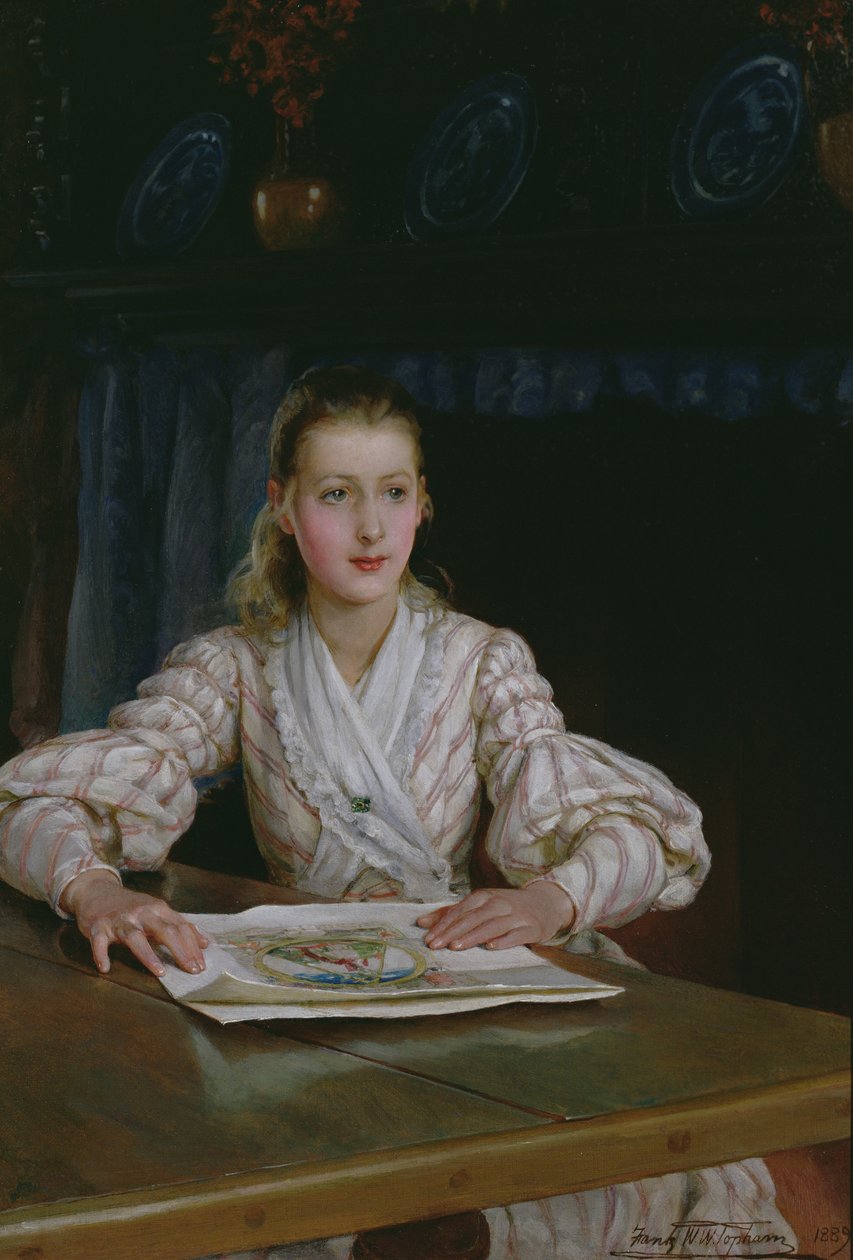 Nuori tyttö katselee printtiä, 1889 tekijältä Frank William Warwick Topham