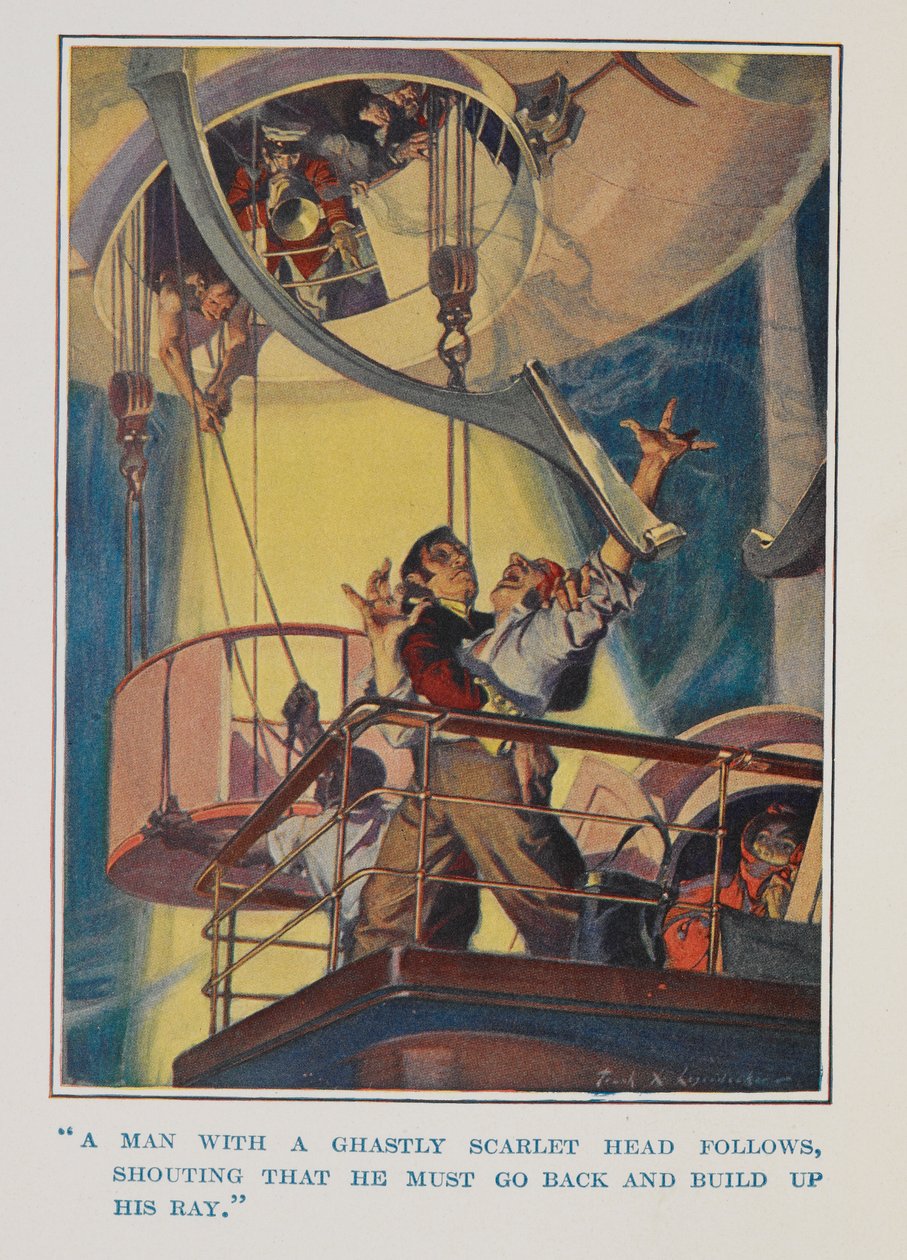 "Un home amb un cap horrible el segueix, cridant que ha de tornar enrere i construir el seu raig" finlandès tekijältä Frank Xavier Leyendecker