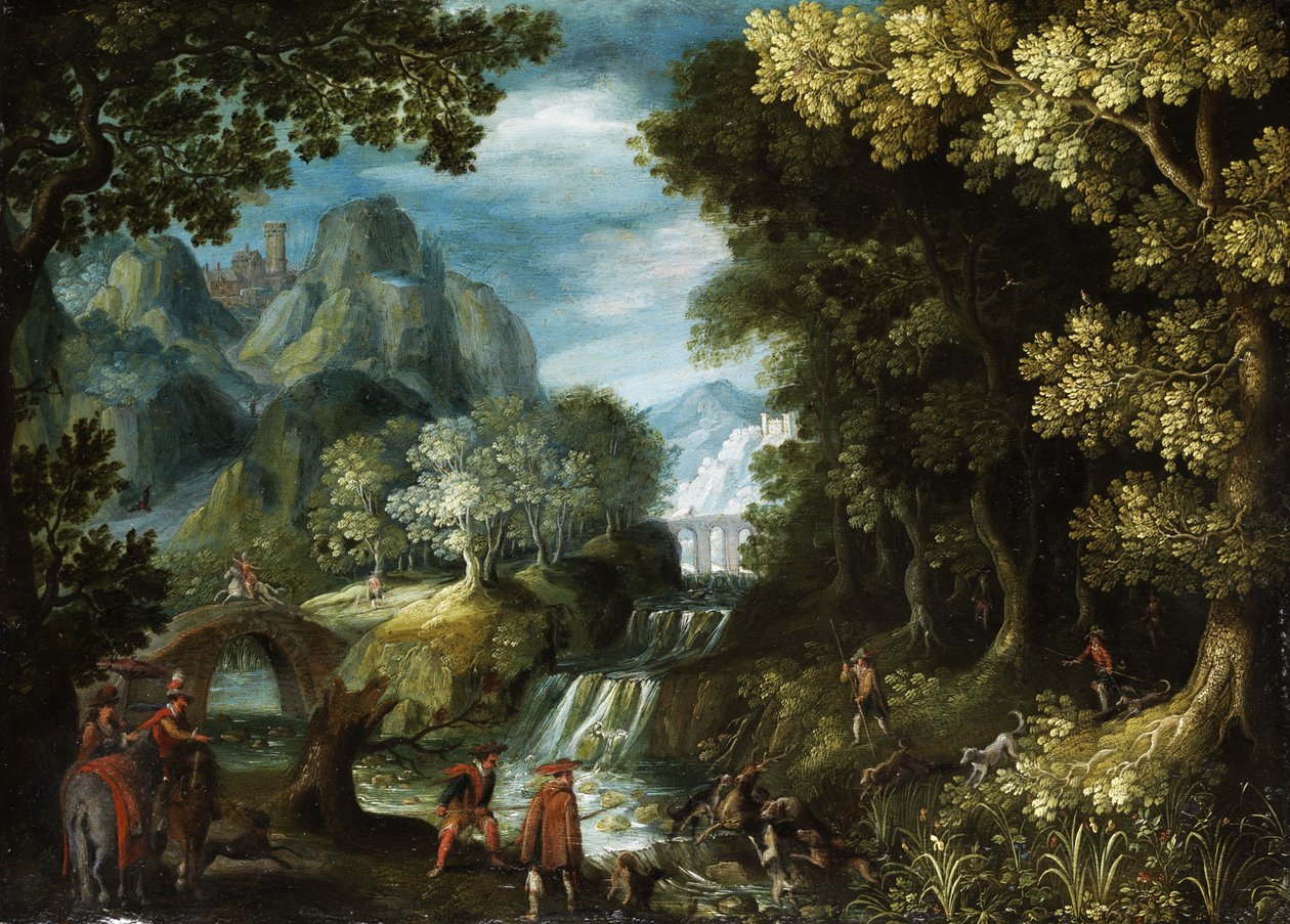 Baumlandschaft mit Kaskaden und Jagdgesellschaft tekijältä Frankenthaler Malergruppe