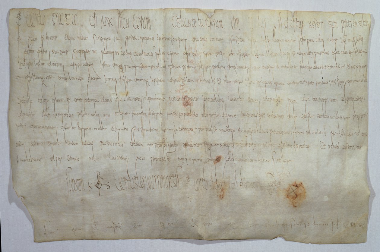 Keisari Kaarle Suuren (742-814) allekirjoittama asiakirja, jossa on hänen monogramminsa (pergamentti). tekijältä Frankish School