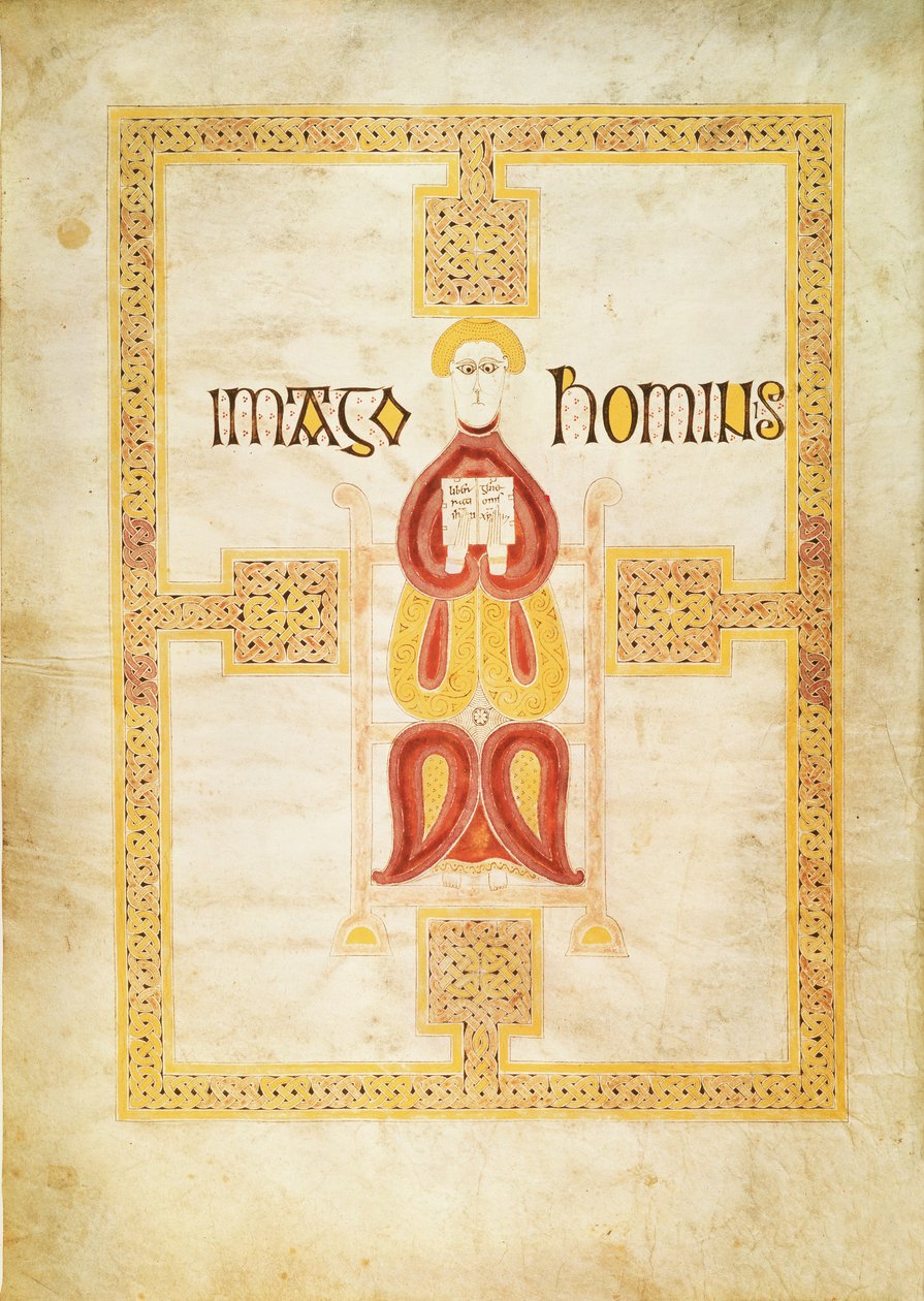 Lat 9389 f.18v Matteuksen symboli, Imago Hominus, Lindisfarne, Echternachin evankeliumikirjasta, n. 700 tekijältä Frankish School