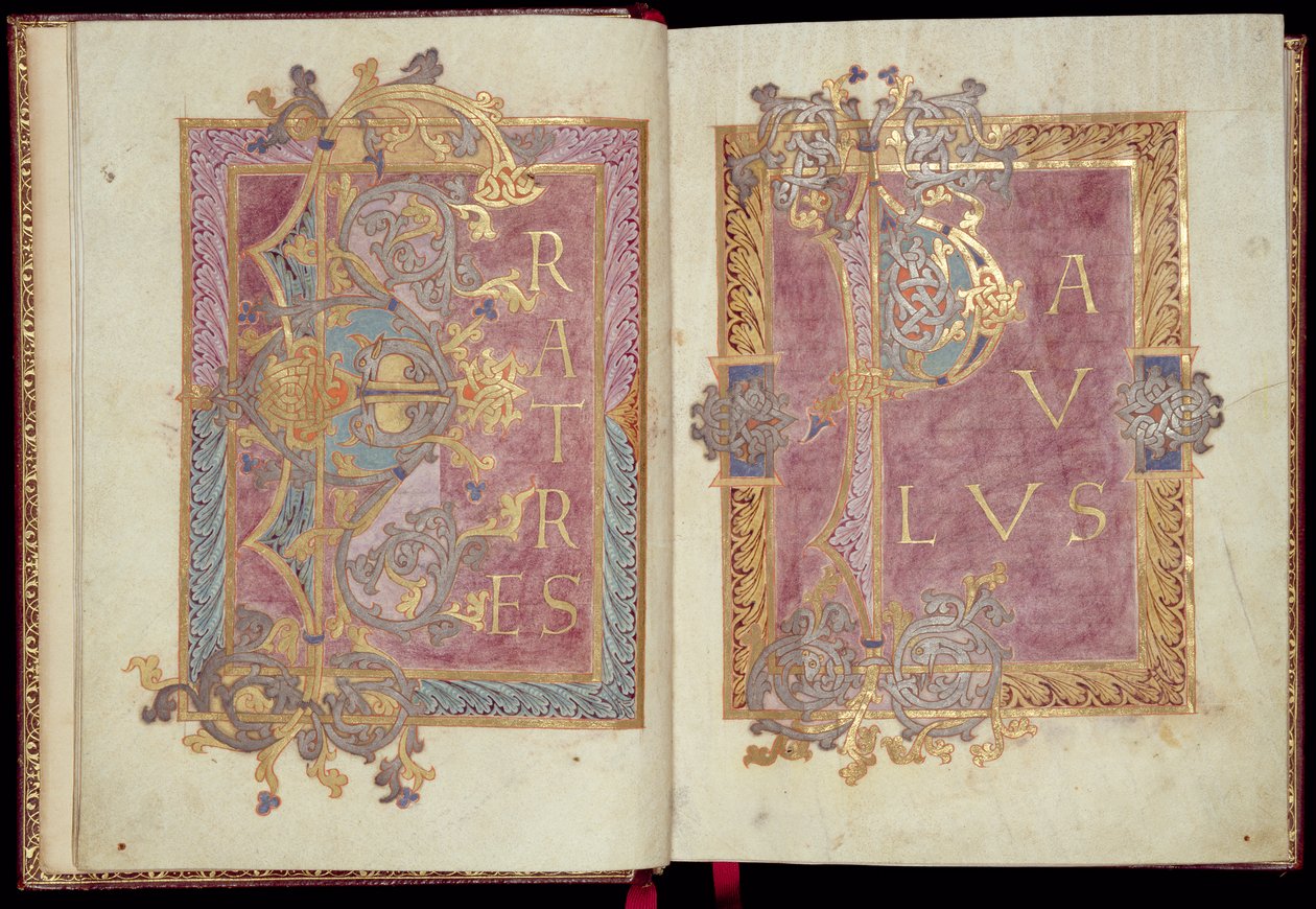 Ms McClean 30, ff.2v-3r: Alkusivut, jotka on kehystetty Acanthuksen lehdillä, Reichenau Epistolary, 10. vuosisadan lopulla (kultamuste ja tempera pergamentilla) tekijältä Frankish School
