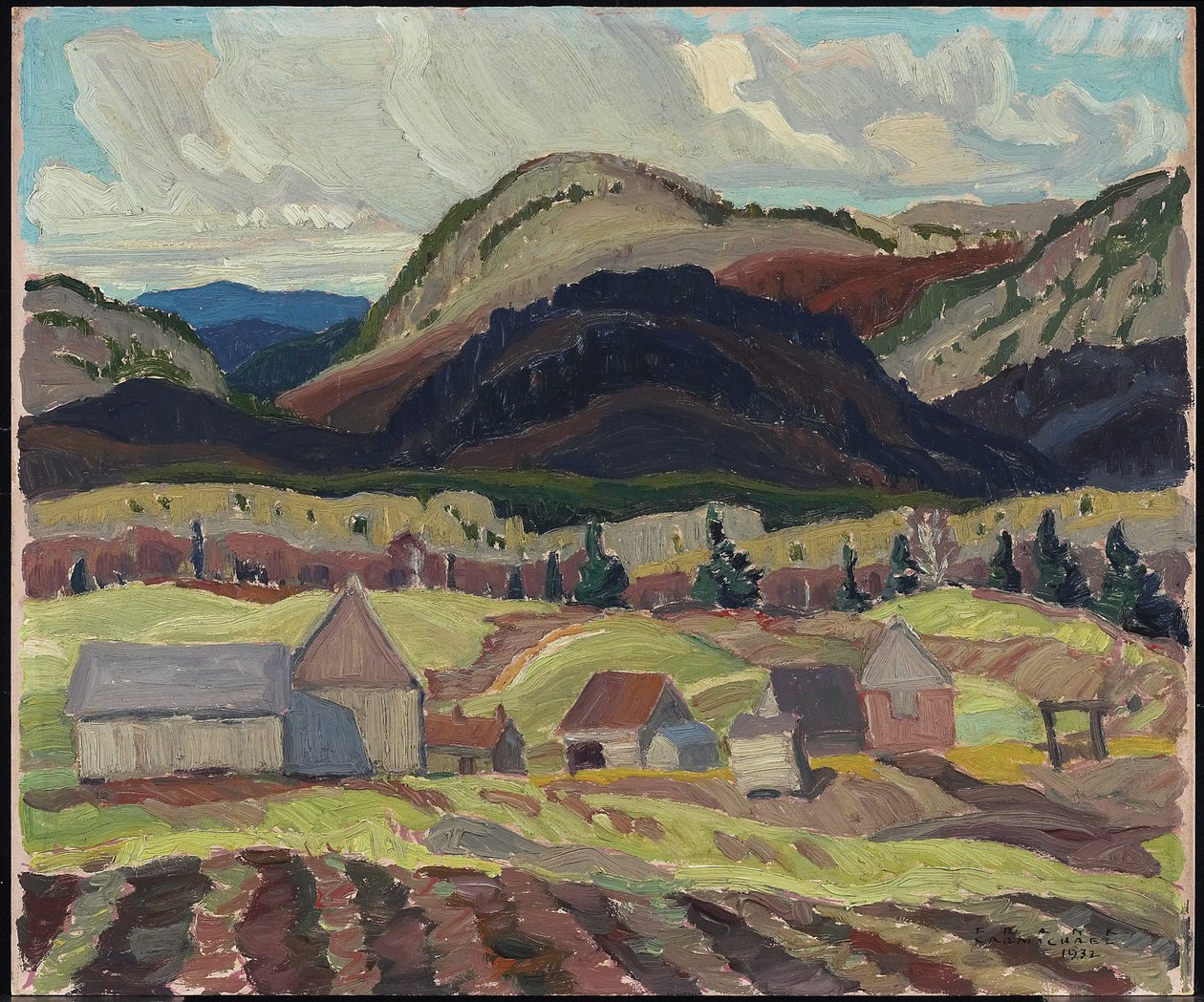 Maatilarakennukset, La Cloche, 1932 (öljy laminoidulle kartongille) tekijältä Franklin Carmichael