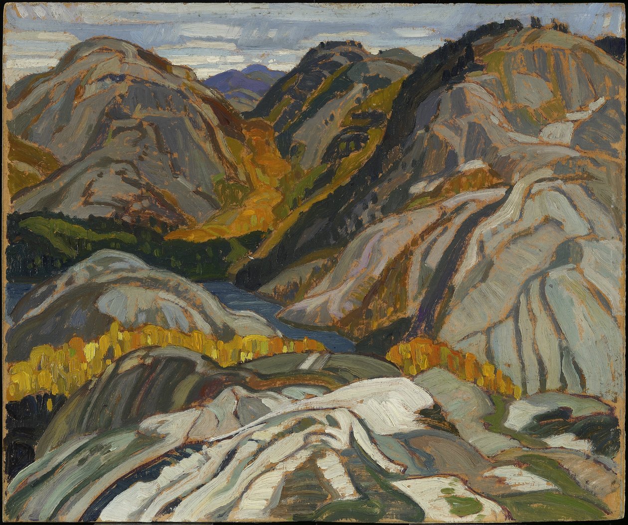 La Cloche Hills, Rocks and Stream, 1932 (öljy laminoidulle kartongille) tekijältä Franklin Carmichael