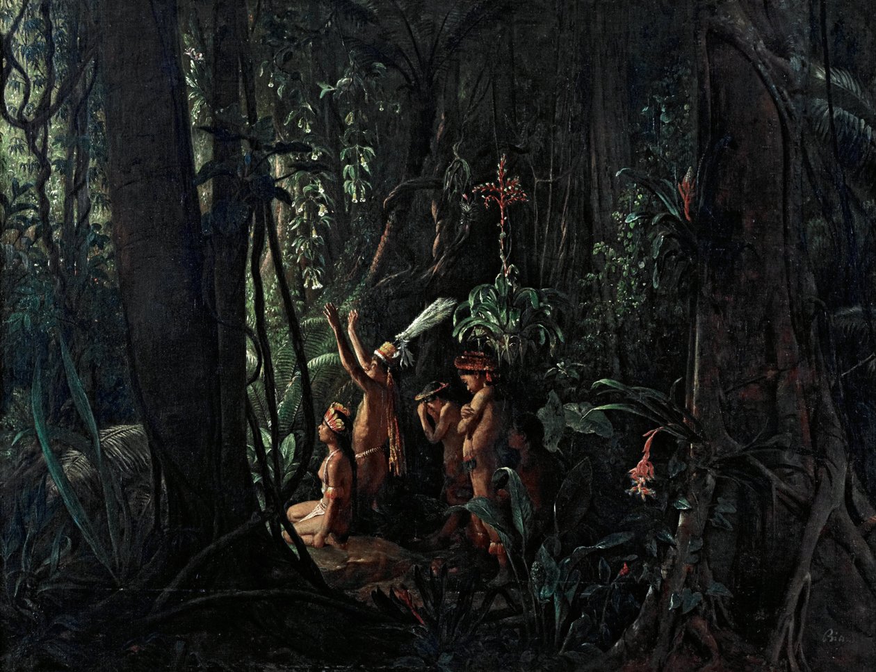 Amazonin intiaanit palvovat auringon jumalaa tekijältä François Auguste Biard
