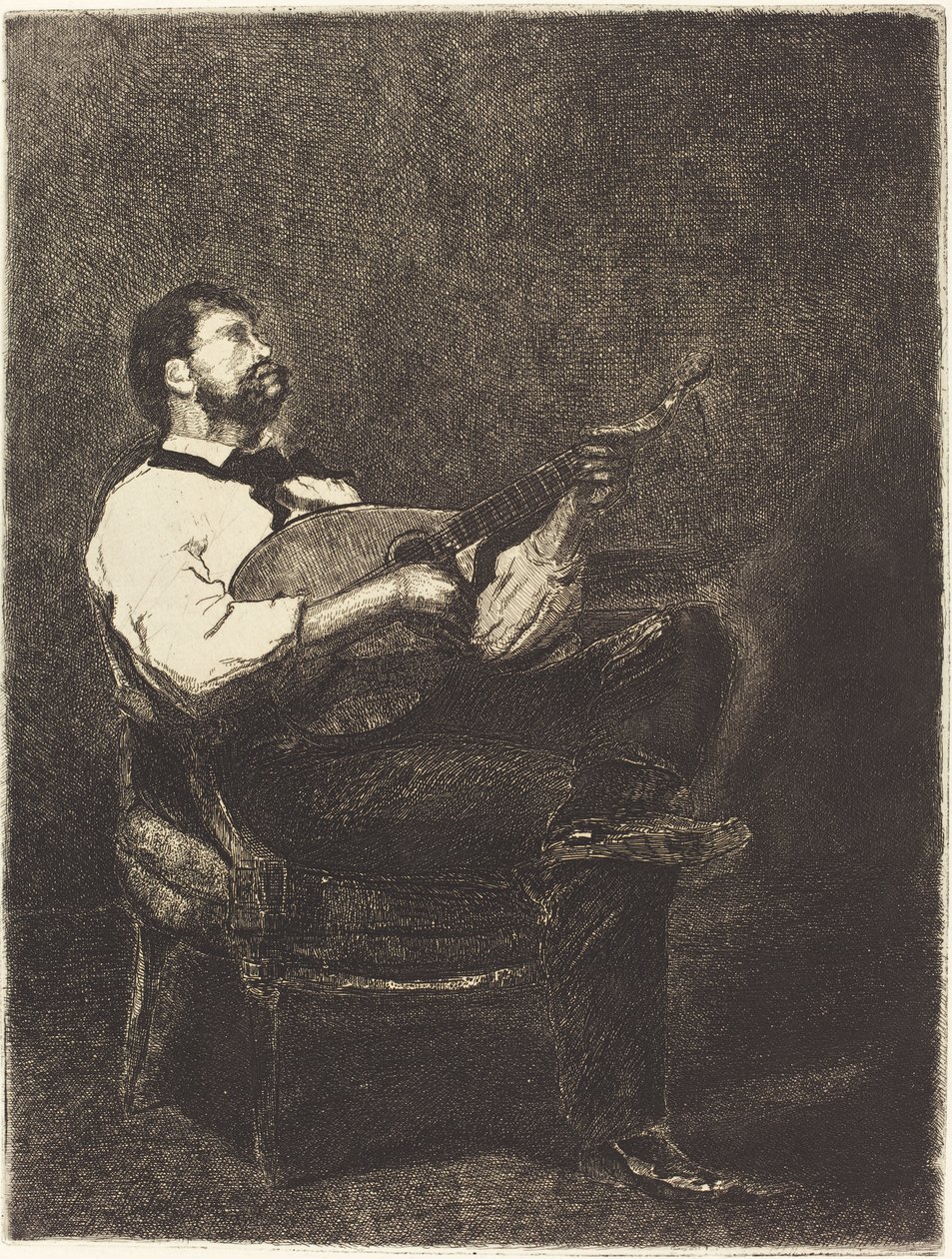 Kitaransoittaja (Joueur de Guitare), 1861 (etsaus kerrostetulle paperille) tekijältä François Bonvin