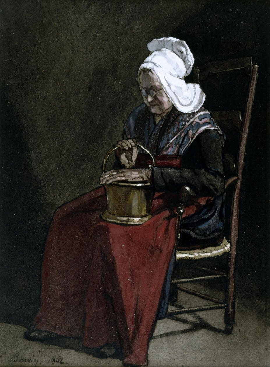 Vanha nainen messinkiruukun kanssa, 1862 (wc, tussi ja lyijykynä paperille) tekijältä François Bonvin