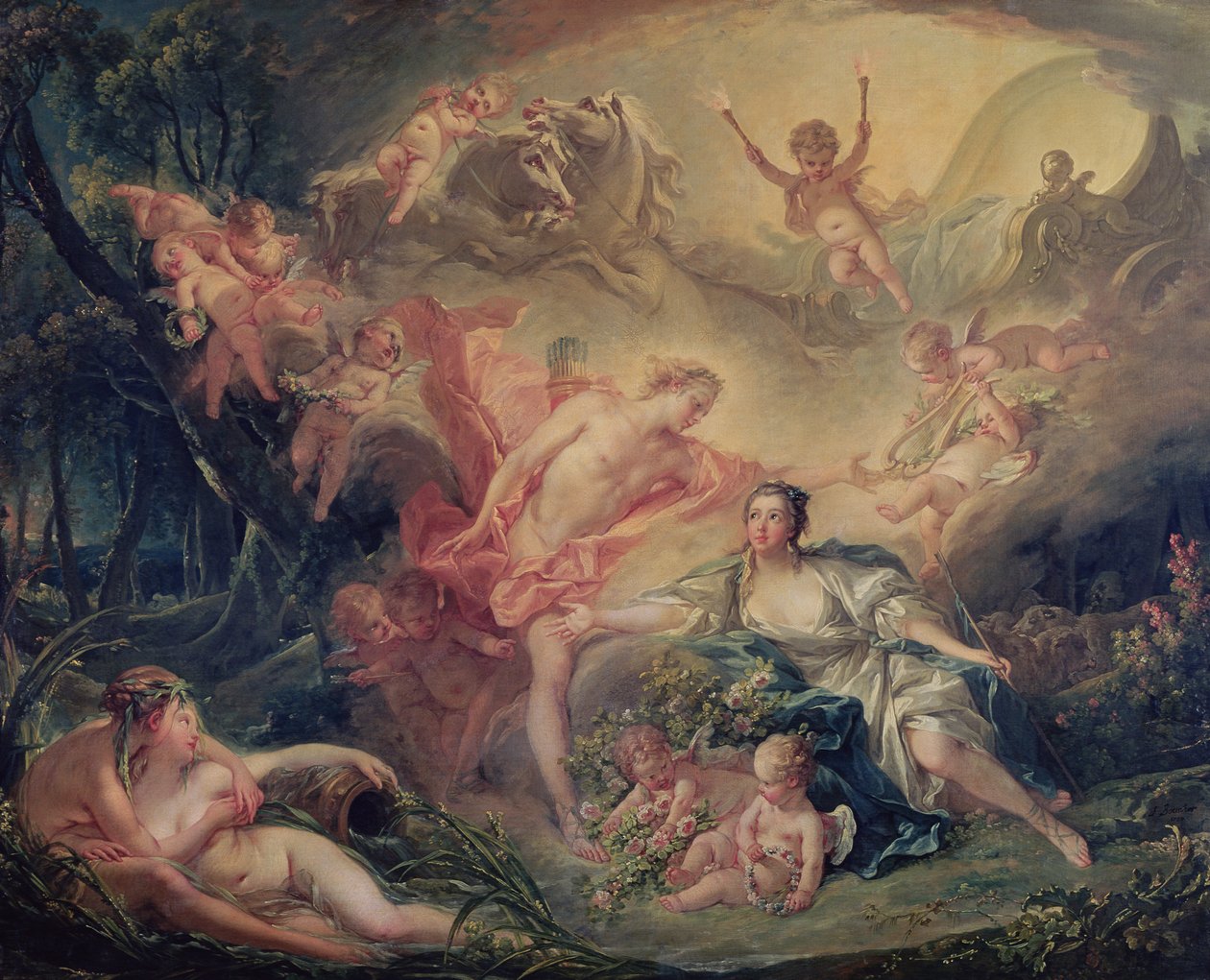 Apollo paljastaa jumaluutensa paimentolaisnainen Isse, 1750. tekijältä François Boucher