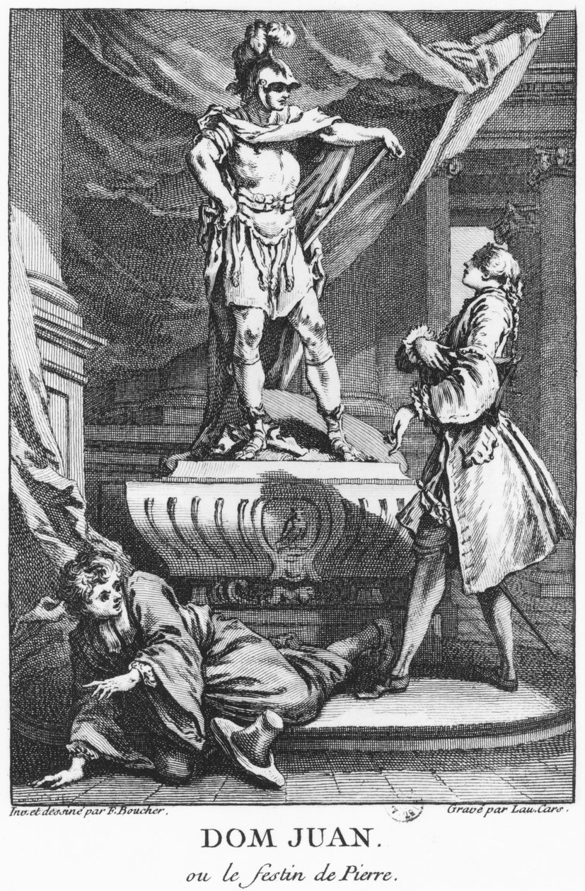 Don Juan ja Commendatore, kuvitus Jean-Baptiste Poquelinin (1622-73) teoksesta "Don Juan tai Le Festin de Pierre", joka tunnetaan nimellä Moliere, kaiverrus Laurent Cars (1699-1771) 1770 (bw pho) tekijältä François Boucher