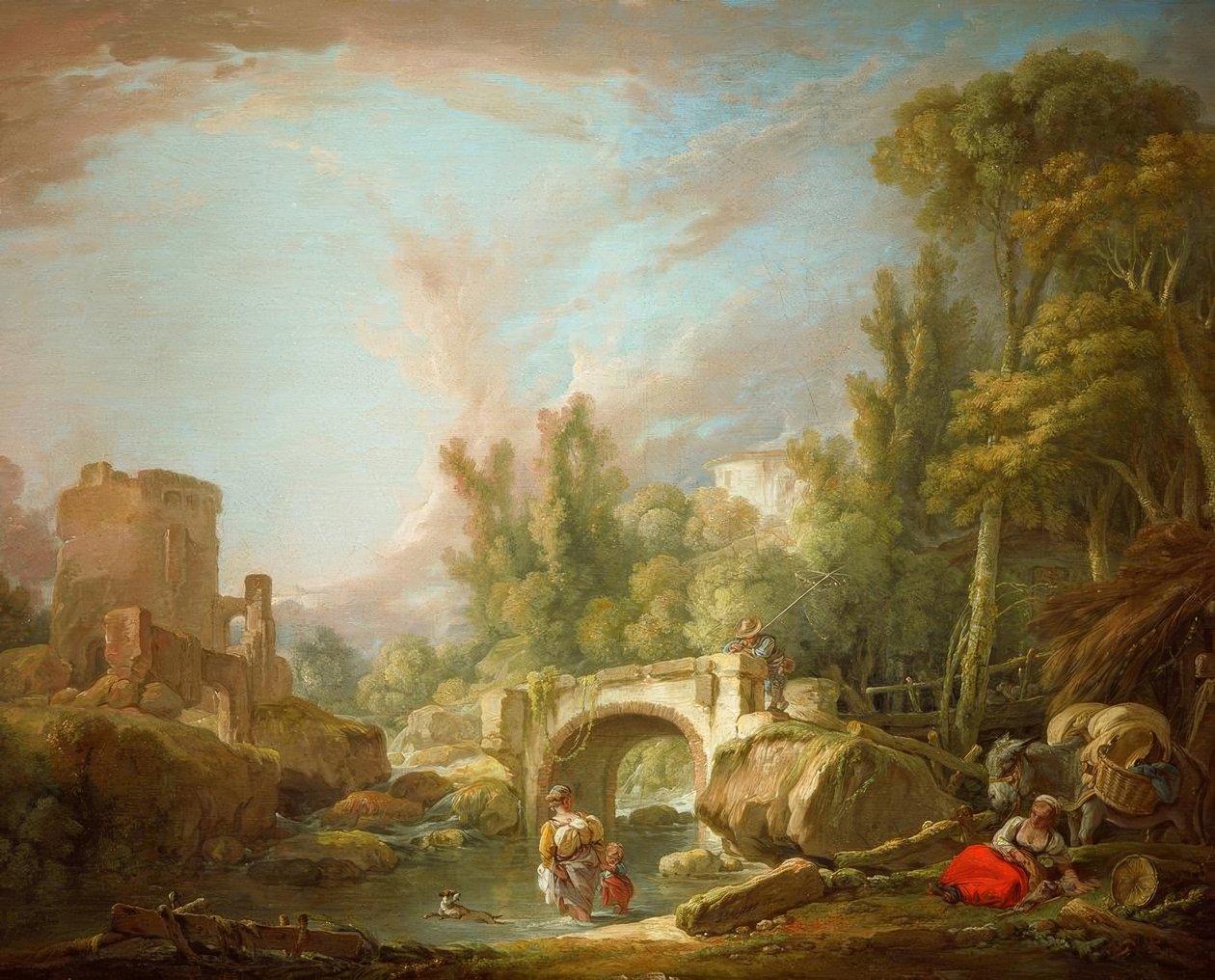 Flußlandschaft mit Ruine und Brücke tekijältä François Boucher