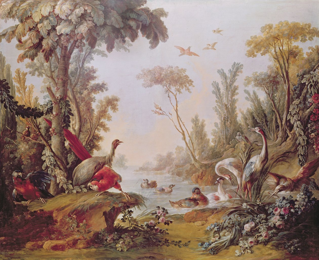 Järvi hanhia, haikaroita, papukaijoja ja haikaroita, Gilles Demarteaun salongista (1722-76) n. 1750-65 tekijältä François Boucher