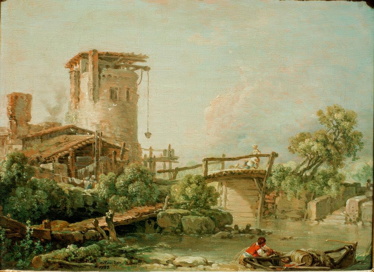 Landschaft mit Turm und Brücke tekijältä François Boucher
