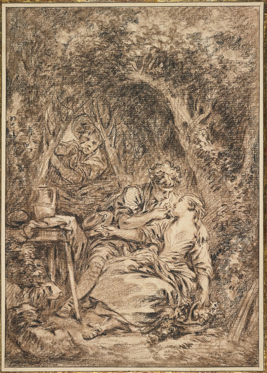 Lovers Surprised (Annette et Lubin), 1760-luvun alku (ruskea ja musta liitu, ripauksia ruskeaa pesua) tekijältä François Boucher