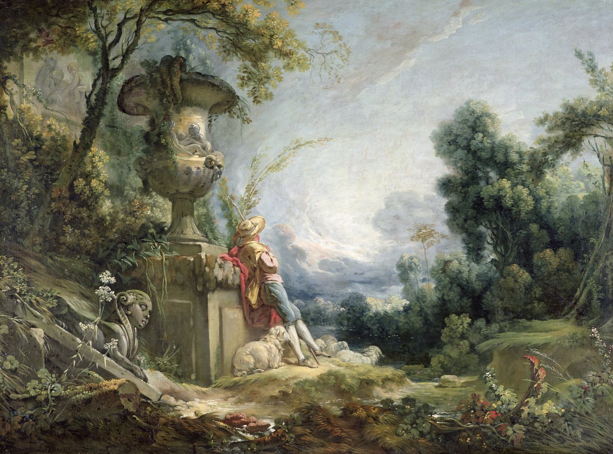 Pastoraalinen kohtaus tai nuori paimen maisemassa tekijältä François Boucher