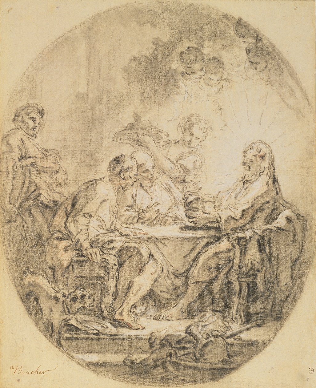 Pyhiinvaeltajat Emmauksessa (mustavalkoinen liitu ja sangviini) tekijältä François Boucher