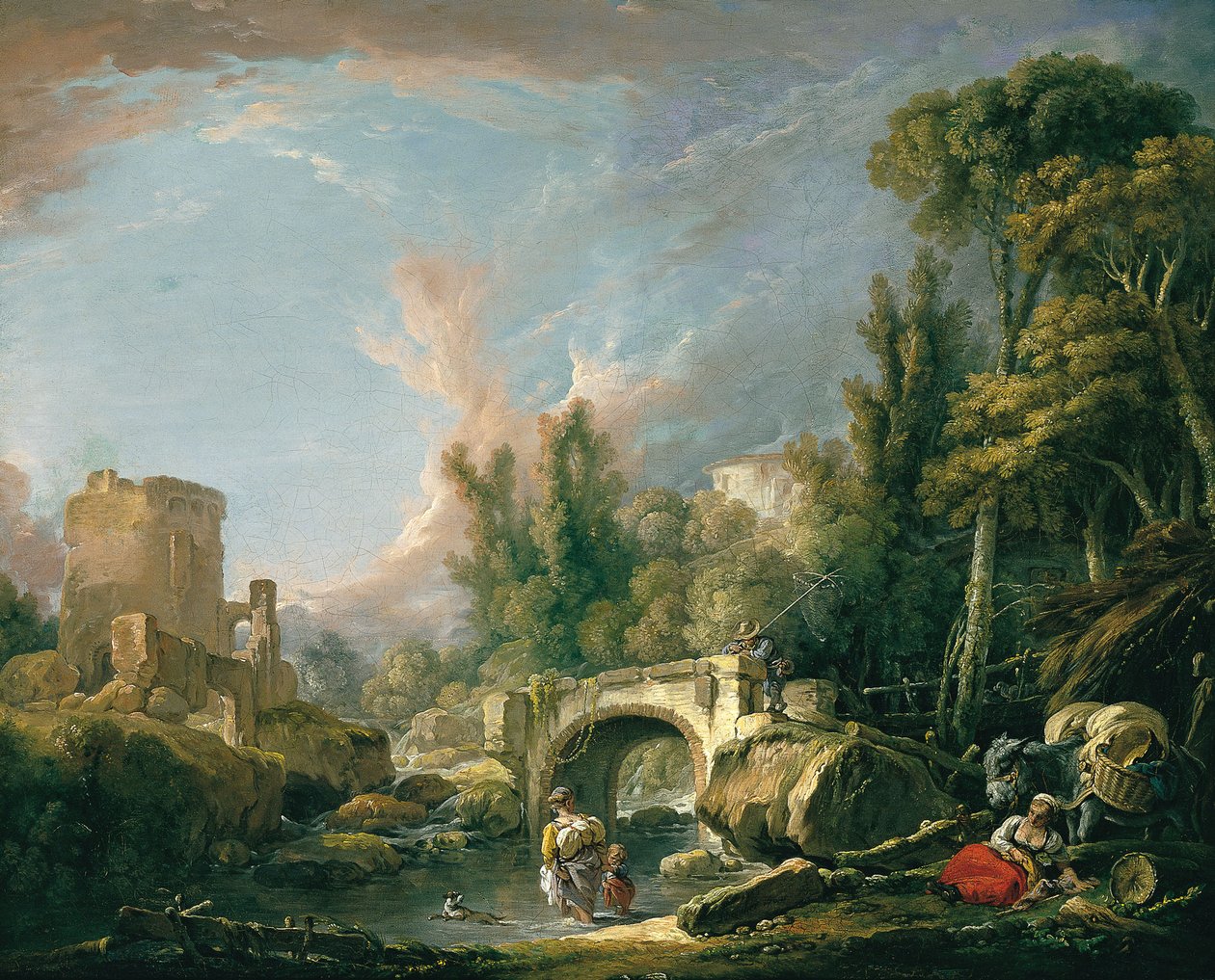 Joen maisema raunioineen ja sillalla tekijältä François Boucher