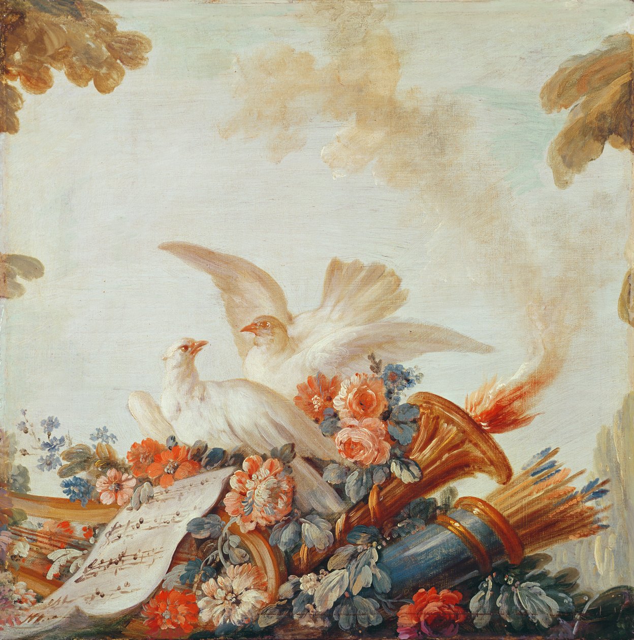 Kirjapainaja Gilles Demarteaun salonki, oven yläpuolella: kyyhkysiä ja nuotteja, n. 1750-65. tekijältä François Boucher