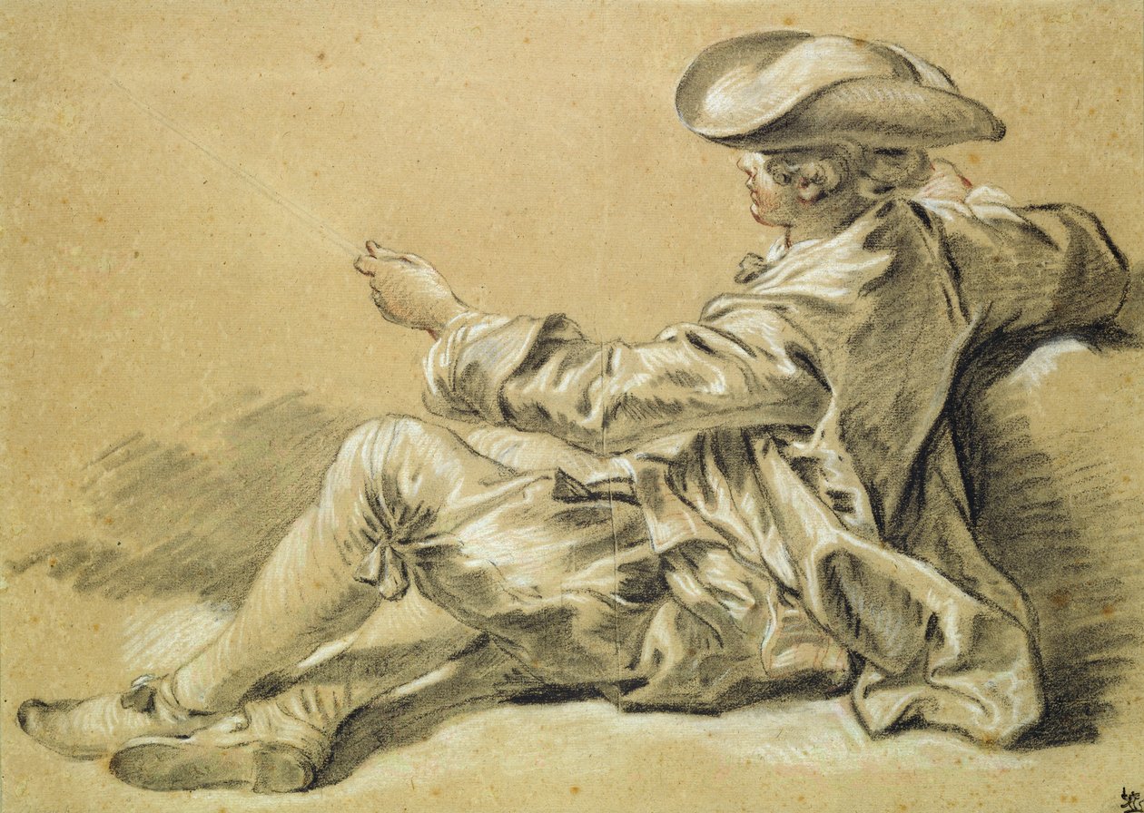Pieni poika onkivavalla, 1755 (mustavalkoinen liitu punaisella liidulla vaaleanruskealla paperilla) tekijältä François Boucher