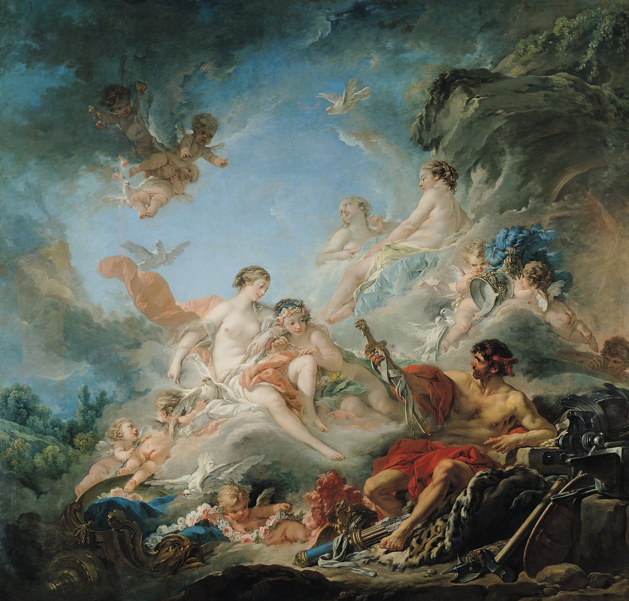 The Forge of Vulcan, tai Vulcan esittelee aseita Aeneakselle Venukselle, kuvakudossarjakuva, 1757 tekijältä François Boucher