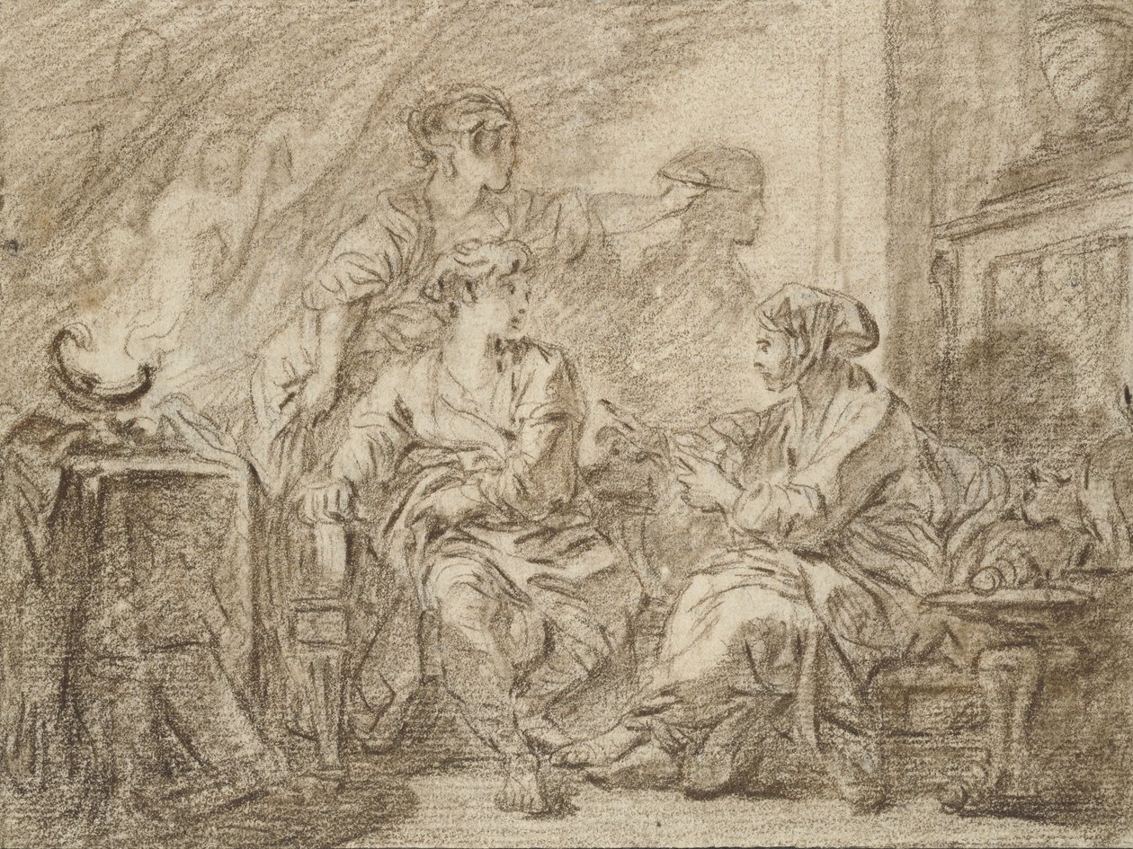 Piirtämisen keksintö (ruskea liitu luonnonvalkoiselle paperille, jonka reunat on mustalla musteella) tekijältä François Boucher