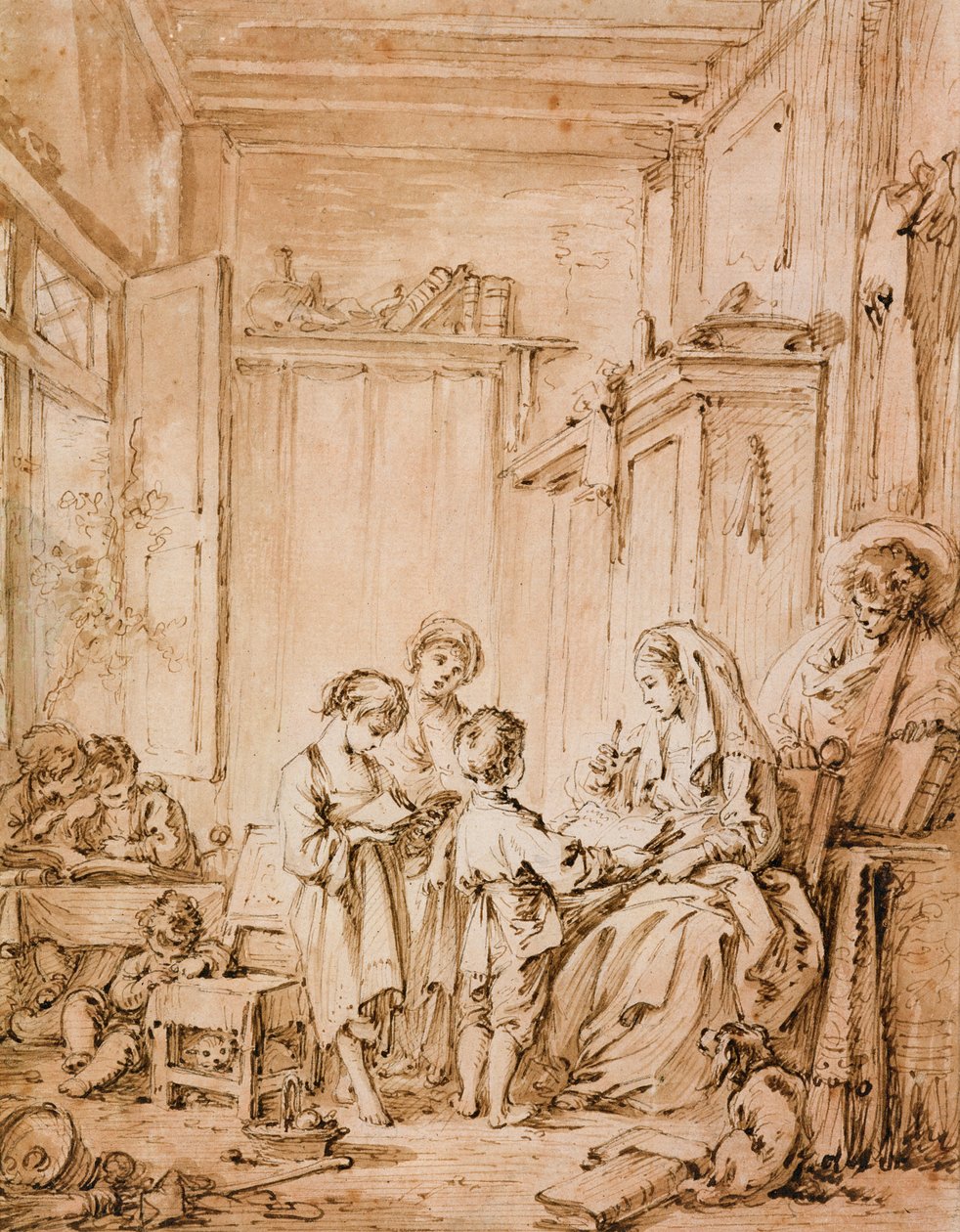 Kouluhuone (muste ja ruskea pesu paperille) tekijältä François Boucher