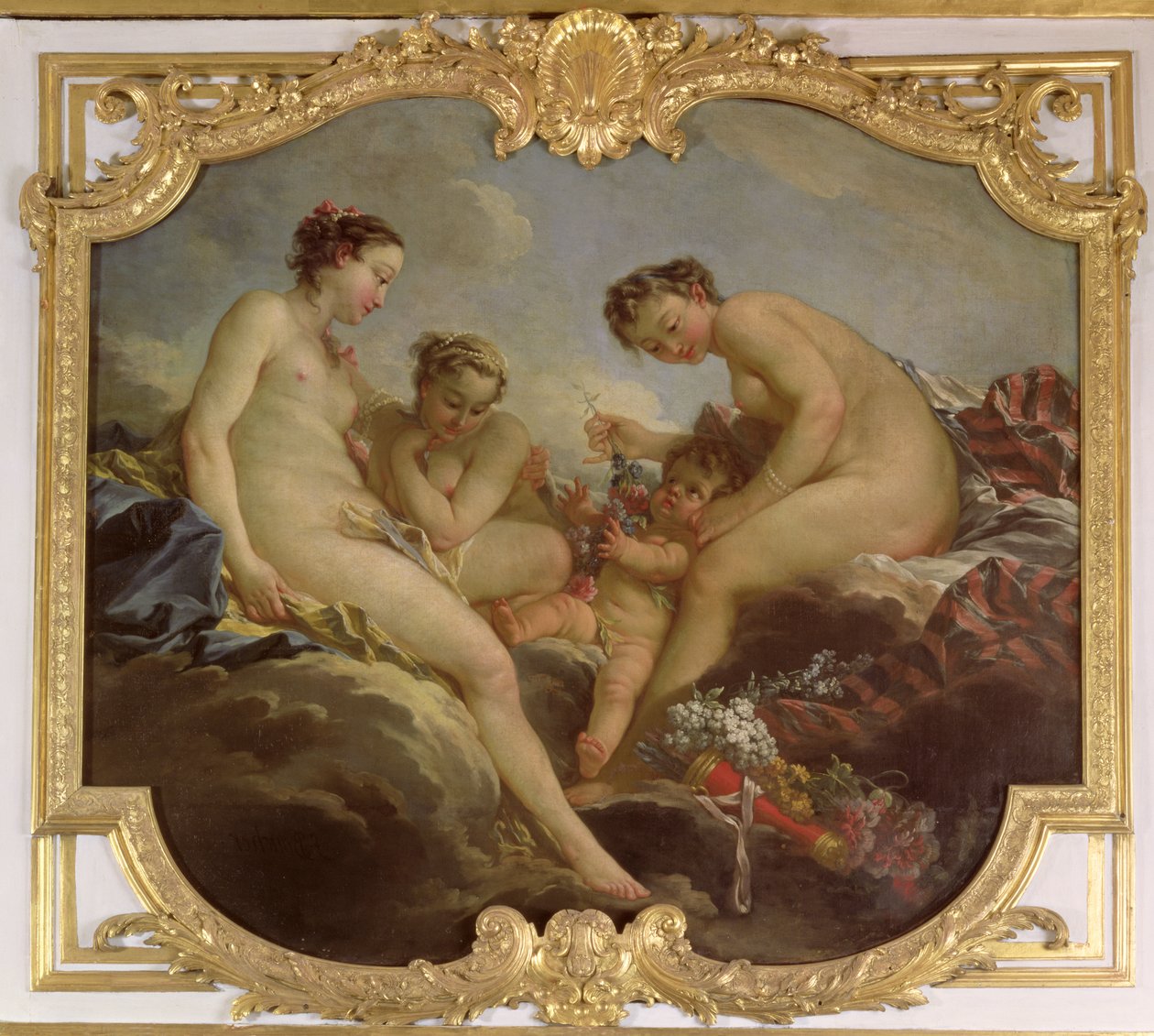 The Three Graces, koristeellinen paneeli Rohanin prinsessan makuuhuoneesta, n. 1735-40 tekijältä François Boucher