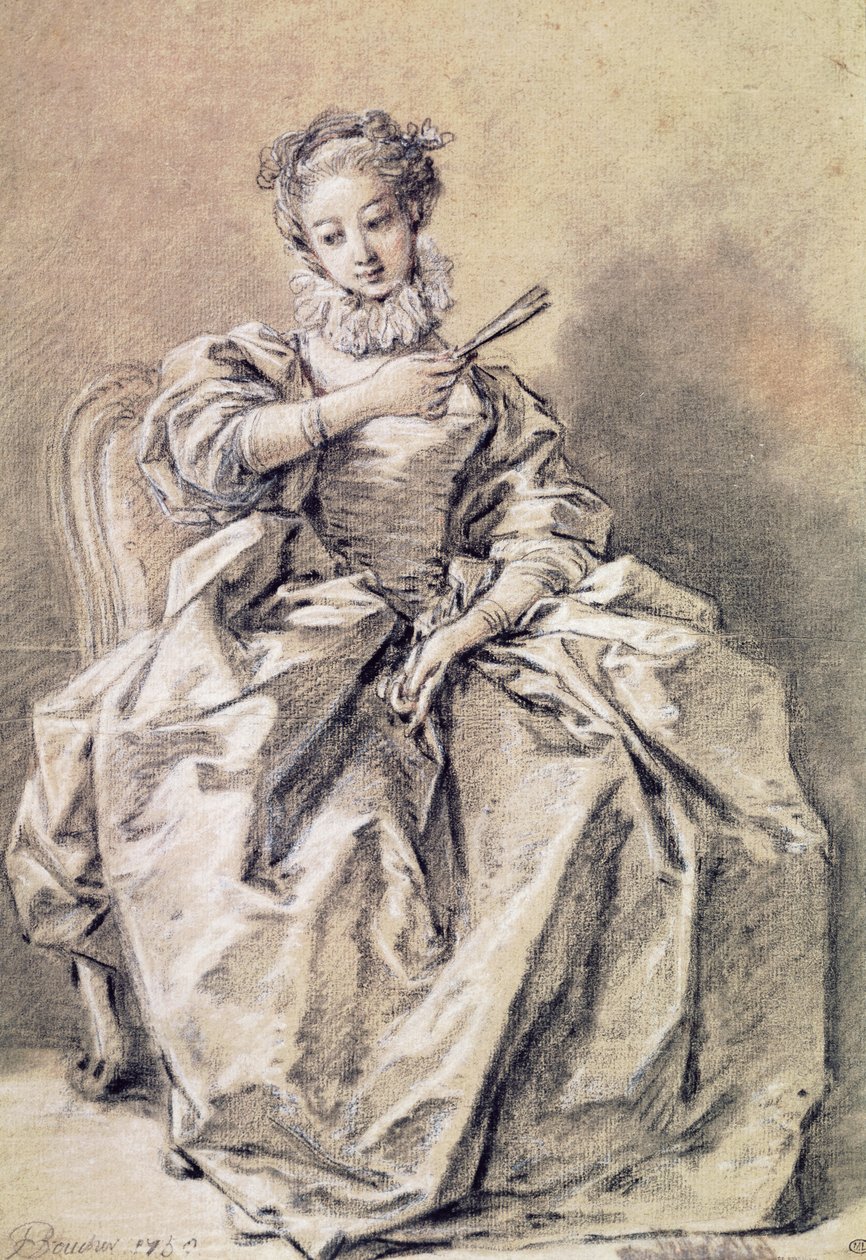 Nainen espanjalaisasussa (hiili ja valkoinen liitu paperille) tekijältä François Boucher