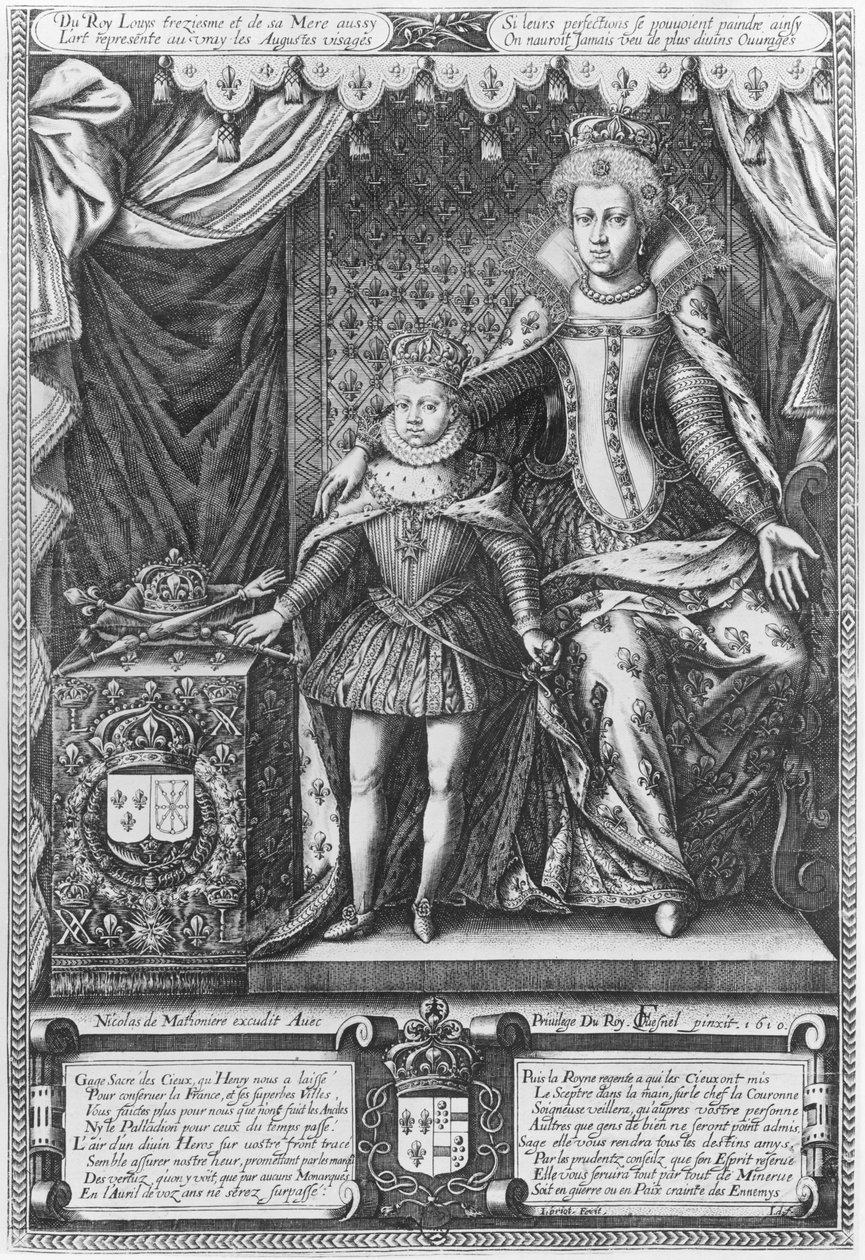 Kuningatar Marie de Medicis ja Ludvig XIII lapsena, kaiverrus Nicolas de Mathoniere (fl.1600-22) 1610 tekijältä François Quesnel
