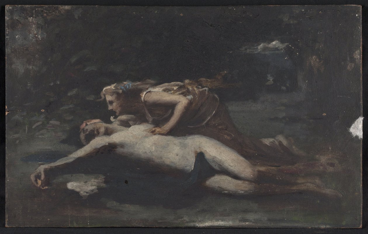 Pyramus ja Thisbe, n. 1875 (öljy puulle) tekijältä François Alfred Delobbe