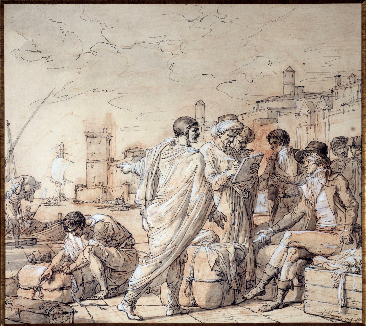 Neuvottelut Marseillen sataman laiturilla Piirustus Francois Andre Vincent (1746-1816) 1700-luvun Marseillen merimuseo tekijältä François André Vincent
