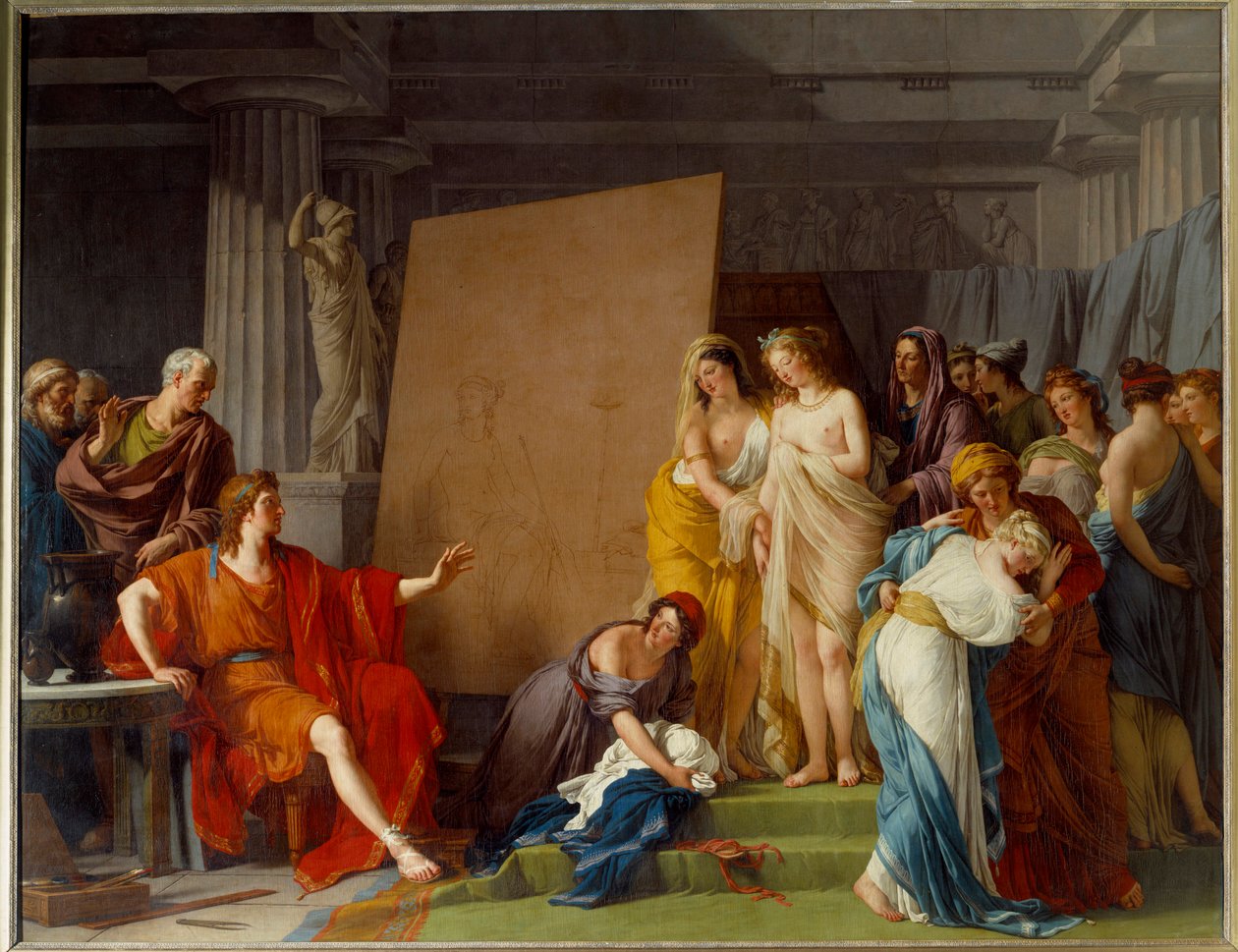 Taidemaalari Zeuxis (tai Zeuxippos, kreikkalainen taidemaalari, 464-398 eKr.) valitsi malliksi Francois Andre Vincentin (1746-1816) Crotone Paintingin kauneimmat tytöt Sun. 3,2x4,1 m tekijältä François André Vincent