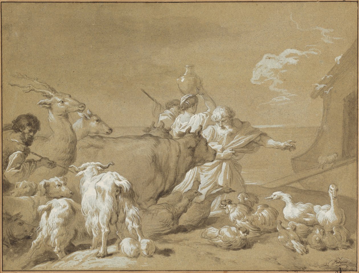 Nooa johdattaa eläimiä arkkiin tekijältä François André Vincent after Giovanni Benedetto Castiglione