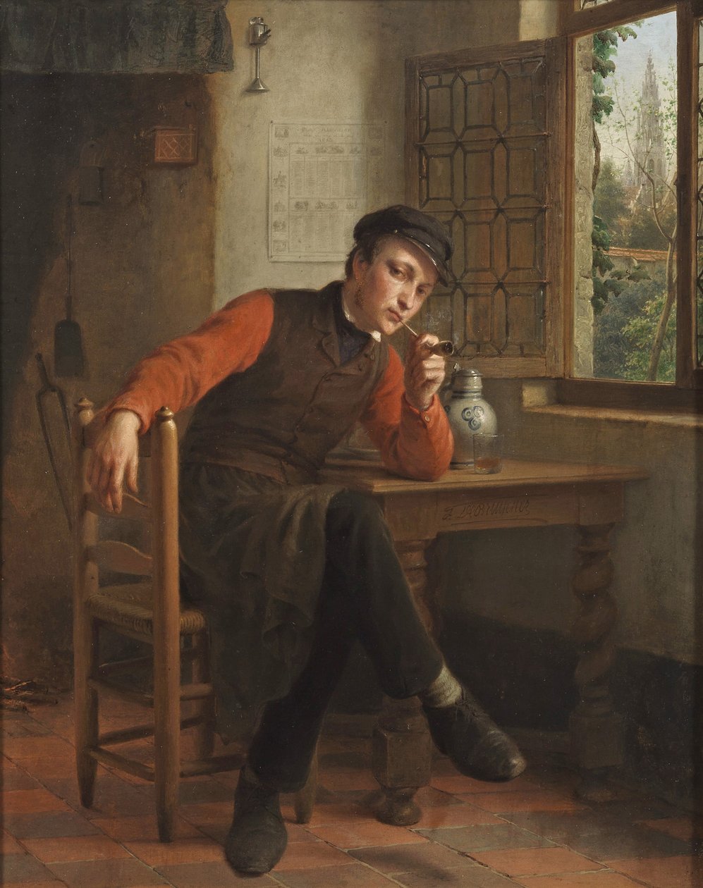 François Antoine De Bruycker - Nuori mies polttaa piippua salongin sisätiloissa. tekijältä François Antoine de Bruycker