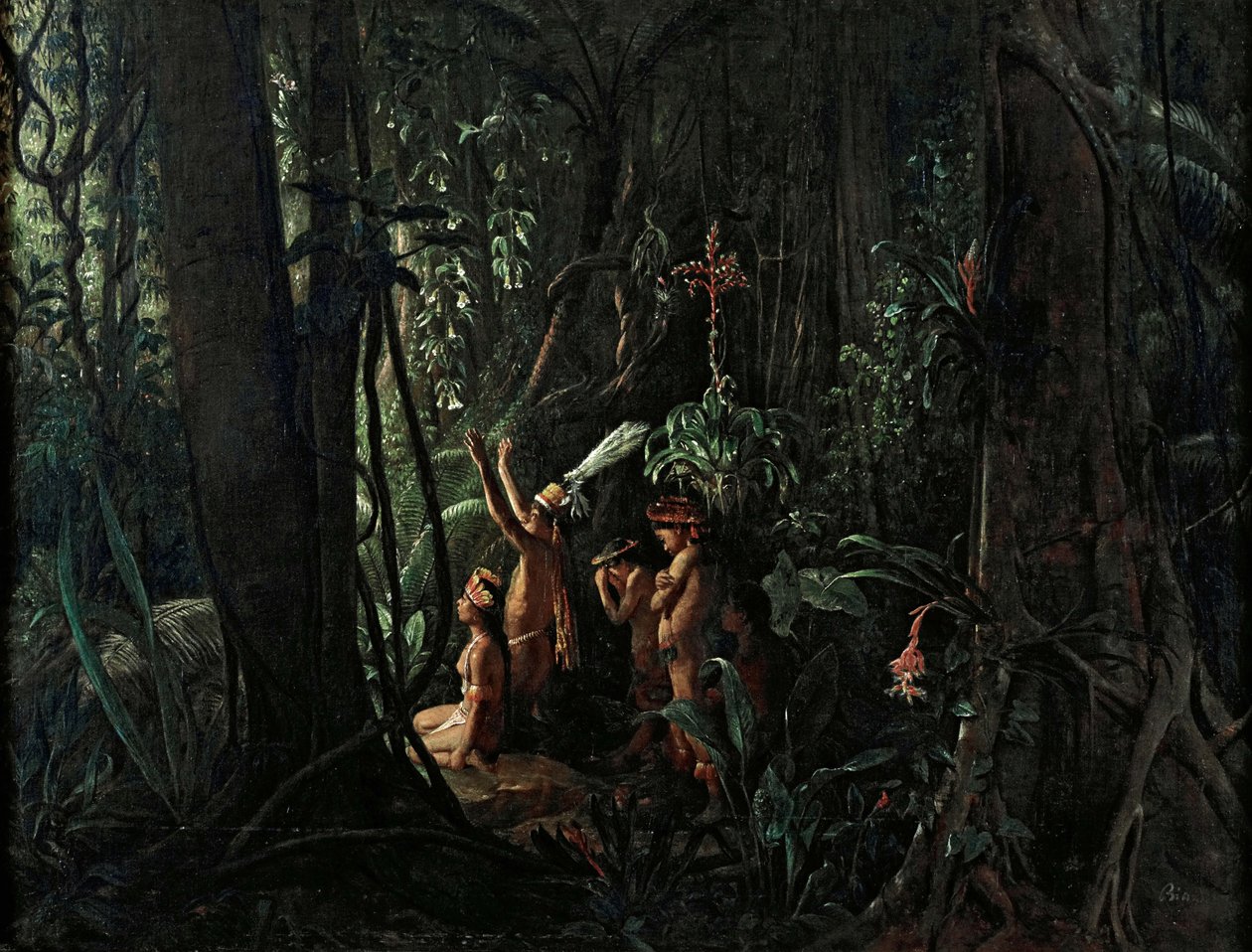 Amazonin intiaanit palvovat aurinkojumalaa, noin 1860. tekijältä François August Biard