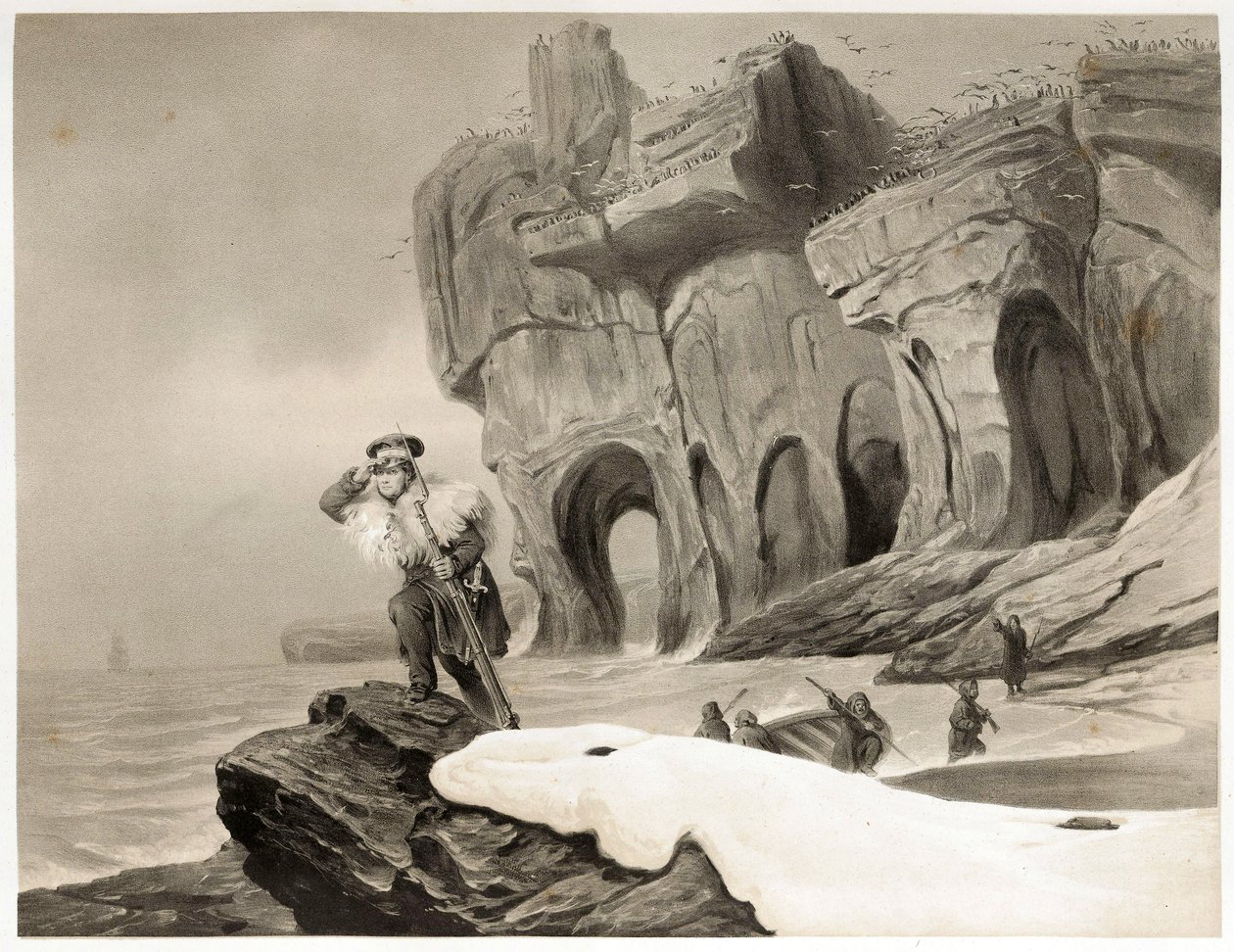 Karhusaari Skandinaviasta, Lapista, Huippuvuorista ja Feroilta, pub. 1852 (kaiverrus) tekijältä François Auguste Biard