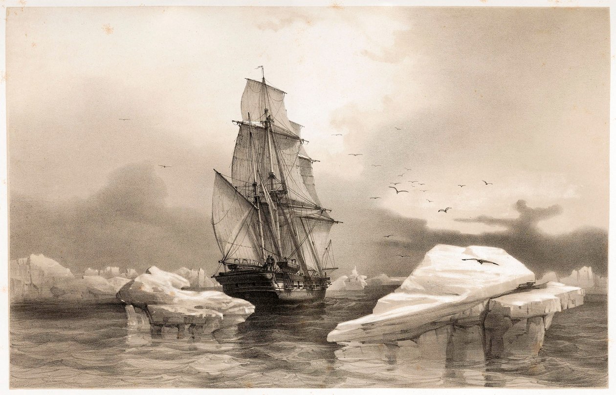 aCorvette La Recherche lähellä Bear Islandia 7. elokuuta 1838 Voyages en Scandinaviasta, 1852. tekijältä François Auguste Biard