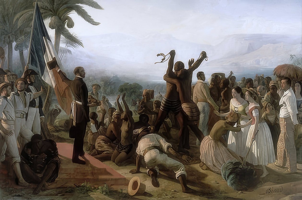 Julistus orjuuden lakkauttamisesta Ranskan siirtomaissa 23. huhtikuuta 1848. 1848/49 tekijältä François Auguste Biard