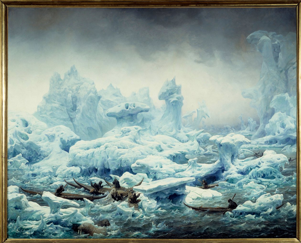 Näkymä jäiselle valtamerelle, mursun kalastus grönlantilaisten toimesta. Francois Auguste Biardin (1799-1882) maalaus 1841 Su. 1,3x1,63 m Dieppe, musee du chateau - Mursun kalastus Jäämerellä. Näkymä Napamerelle, grönlantilaiset metsästävät mursua. Maalauk tekijältä François Auguste Biard