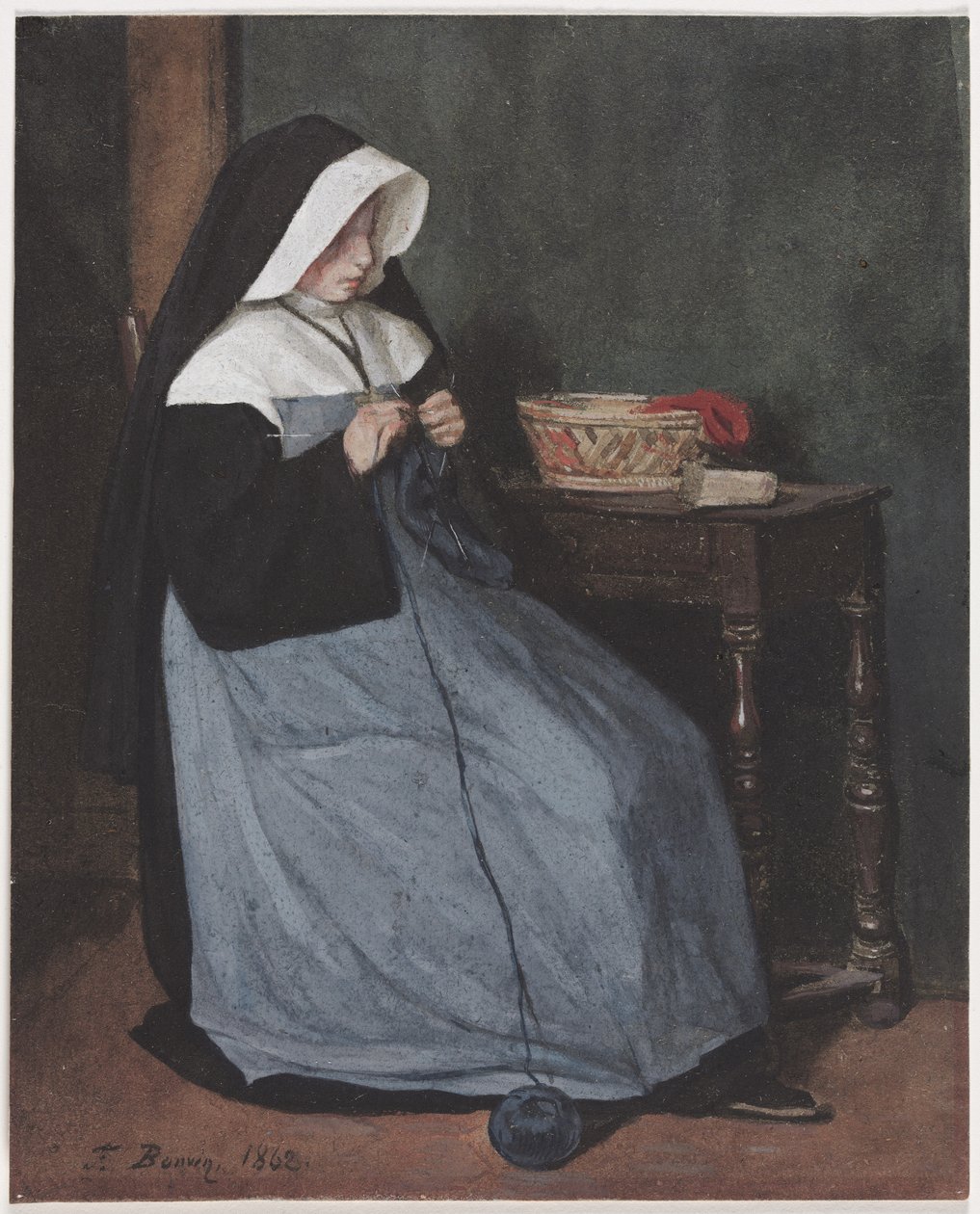 Pöydän ääressä istuva nunna neuloa, 1862. tekijältä François Bonvin