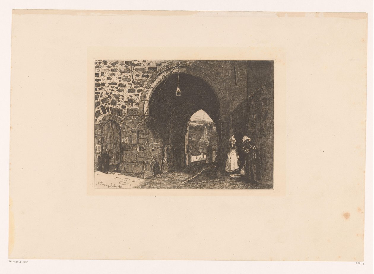 Gezicht op de Porte de St. Malo te Dinan Deu aiguaforts, dibuixats i gravats per F. Bonvin, pintor (títol de la sèrie) tekijältä François Bonvin