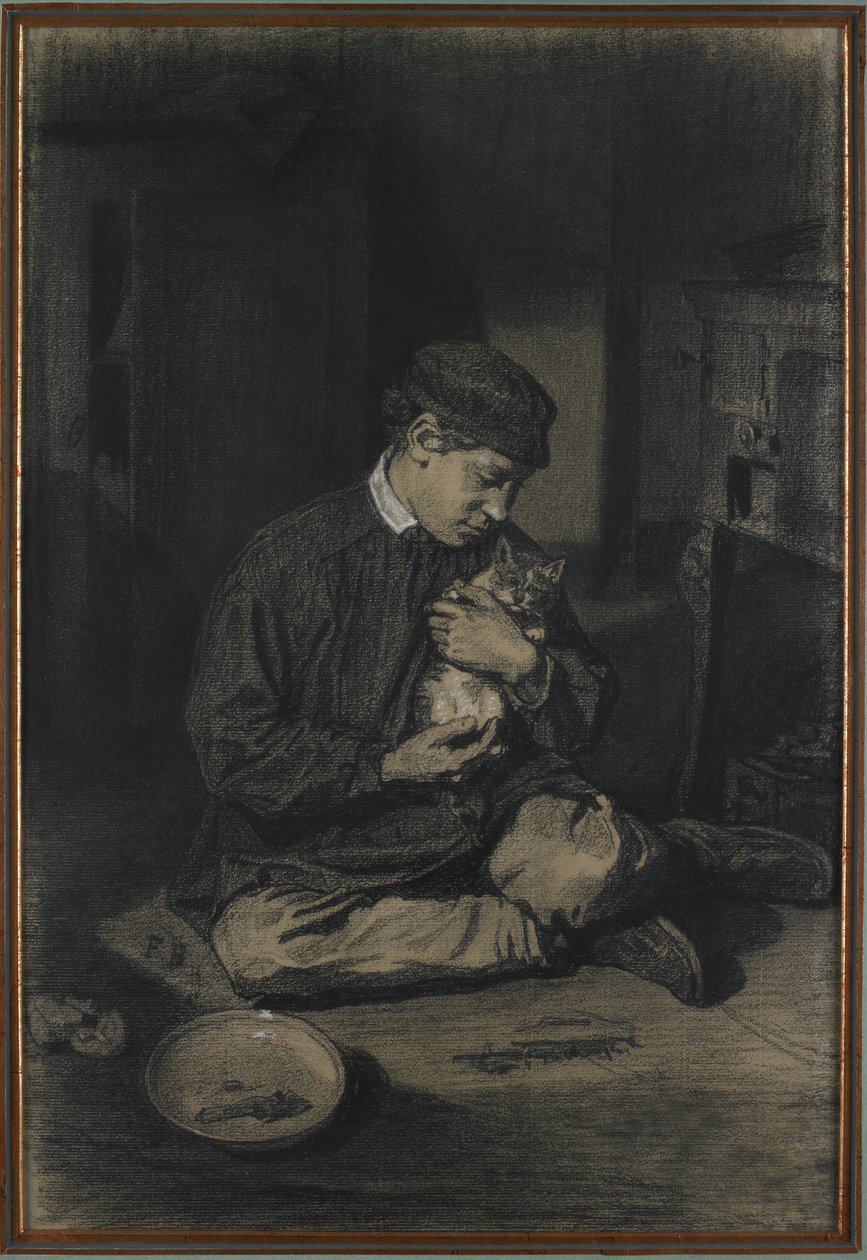 Istuva poika, jolla on kissa kädessään (etusivu); opinnäytetyö kissanpennuista ja maitolautasesta (kääntöpuoli), n. 1874-80 (mustaa liitua korotettuna valkoisella liidulla luonnonvalkoiselle kerrostetulle paperille). tekijältä François Bonvin