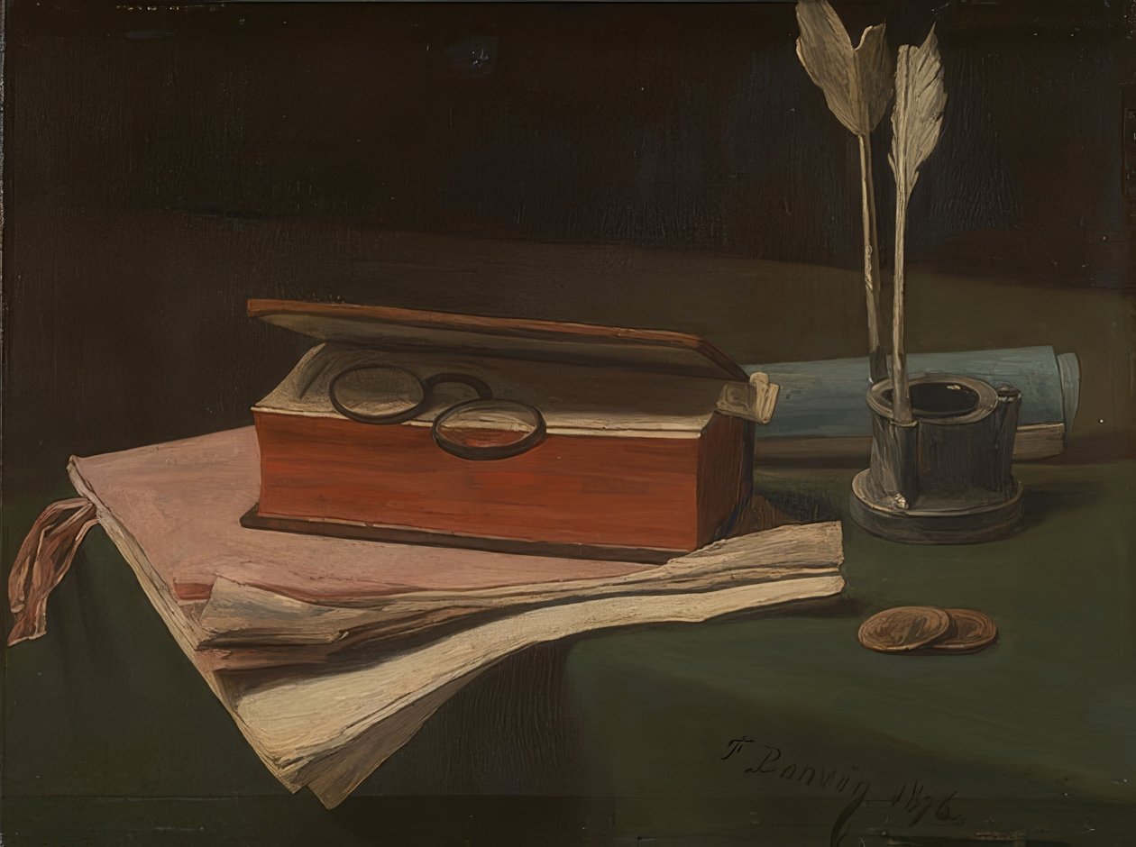 Asetelma kirjan, papereiden ja mustesäiliön kanssa. 1876 tekijältä François Bonvin
