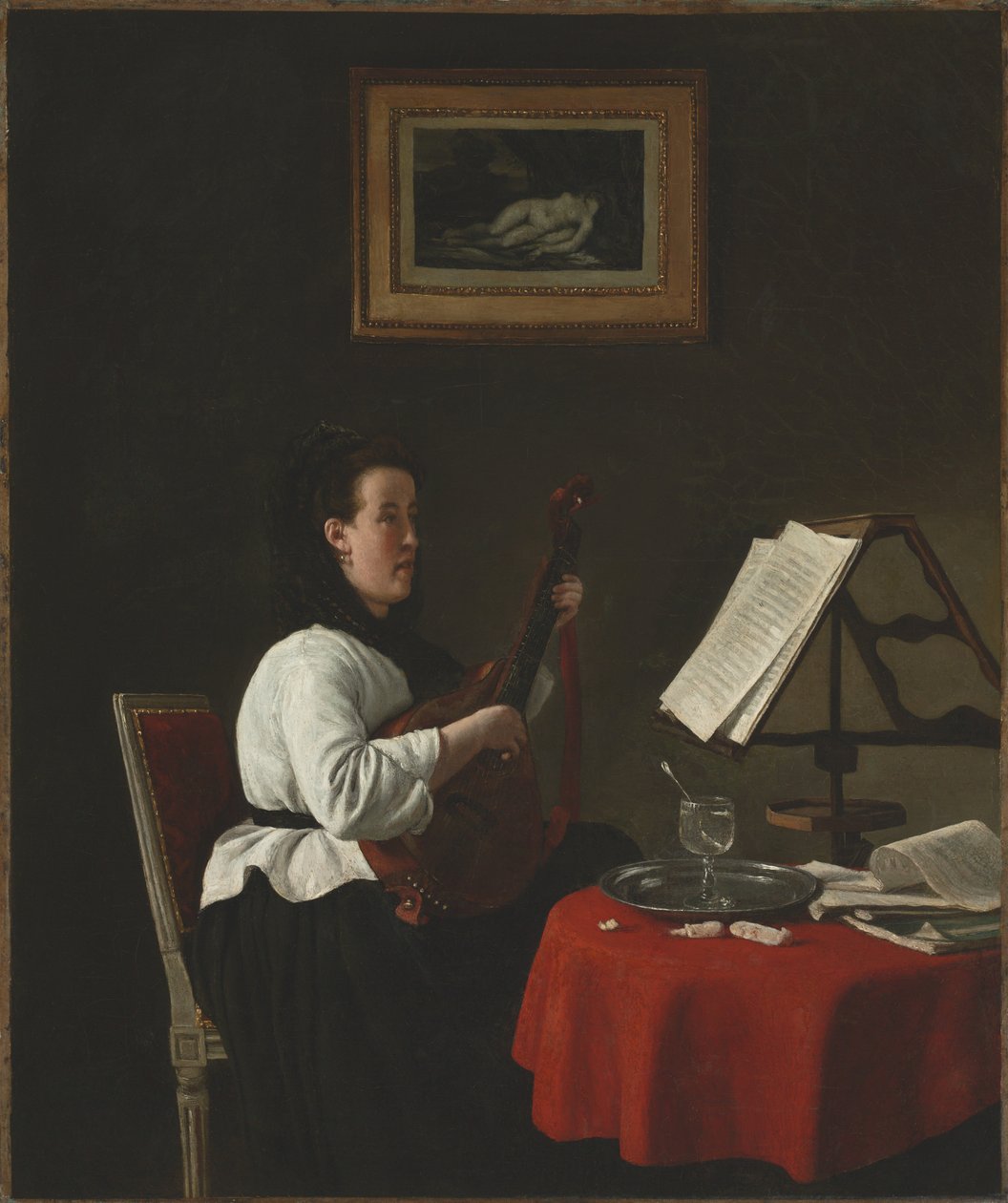 Nuori nainen mandoliinilla, Louison Köhlerin muotokuva, n. 1873-1874. tekijältä François Bonvin