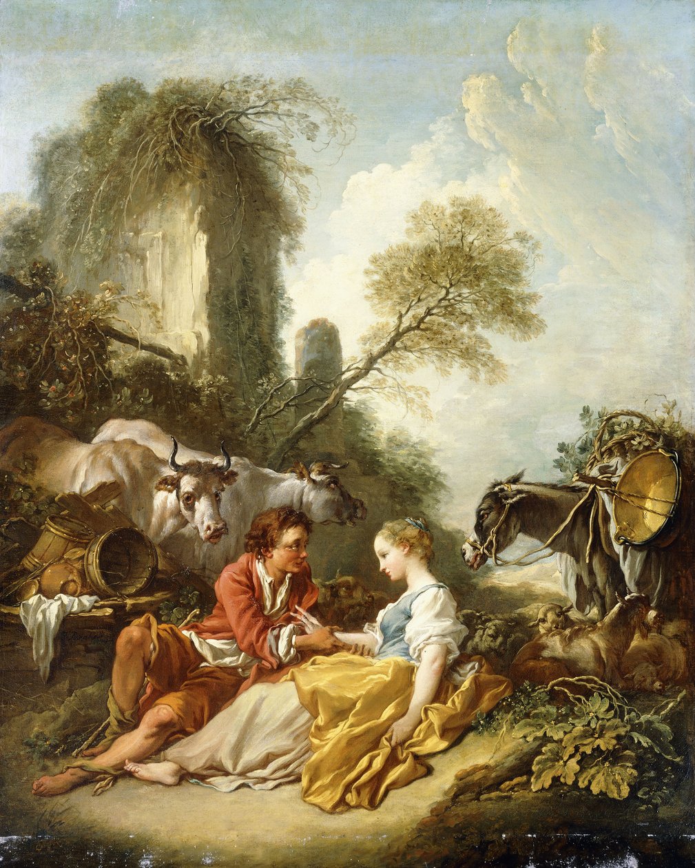 Pastoraalinen maisema, jossa paimen ja paimentytär istuvat raunioiden vieressä, tekijältä François Boucher