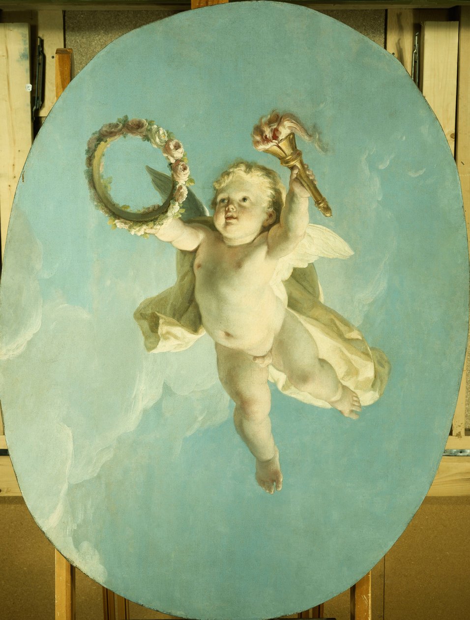 Putti lennossa kädessään seppele ja soihtu, tekijältä François Boucher