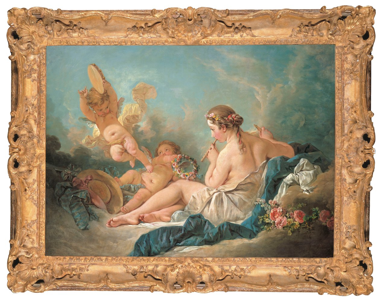 Makaava nymfi soittamassa huilua Putin kanssa, ehkä Muse Euterpe, 1752 tekijältä François Boucher