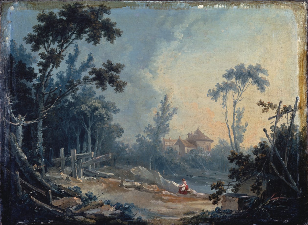 Metsäinen maisema ja rakennukset kaukana tekijältä François Boucher